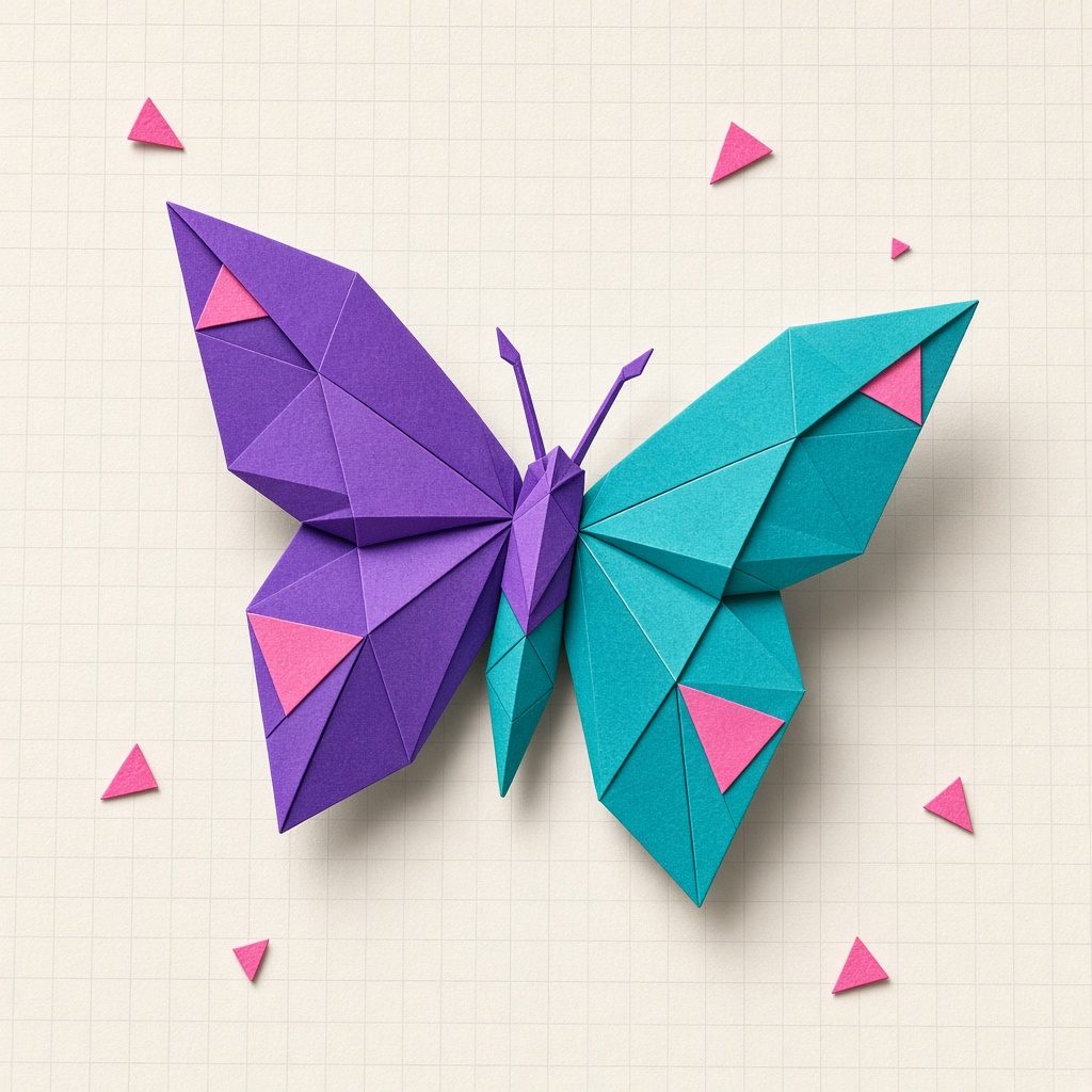 Mor ve turkuaz kâğıttan katlanmış origami kelebek