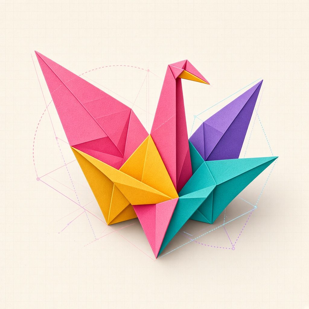Renkli kâğıttan katlanmış büyük bir origami vinç ve çevresinde ince rehber çizgileri
